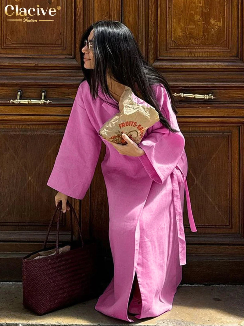 Ladies Fashion Lapel Long Sleeve Ankle Length Dress Elegant Lace-Up Dresses For Women.