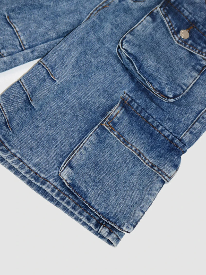Fashion Pockets Women Acid Wash Cargo Denim Shorts.