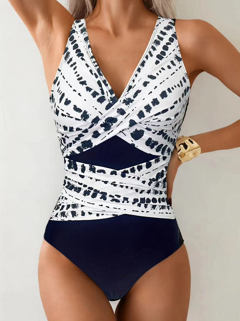 Sexy White Black Patchwork Swimwear Women Deep V Neck.