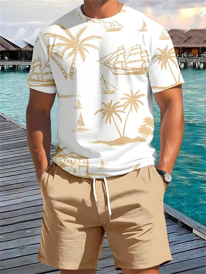 Summer Men's Short Sleeve Palm Tree Print T Shirt Fashion.