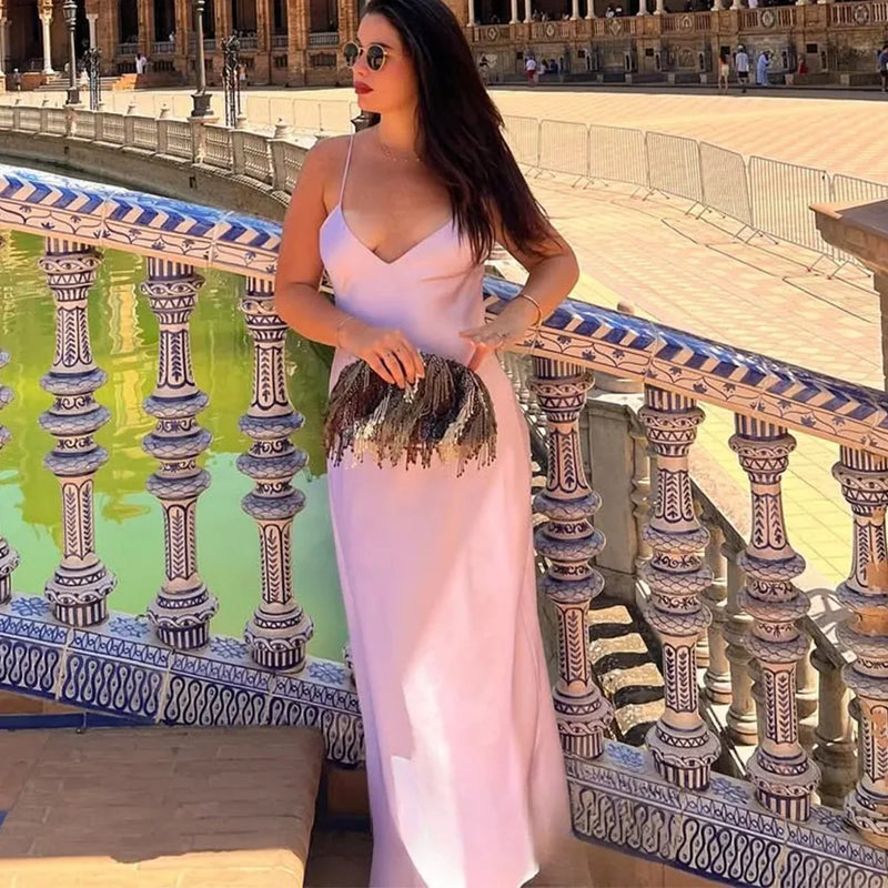 Sexy Chic Satin Women Party Dress V Neck Backless Long Eevning Club Dress.