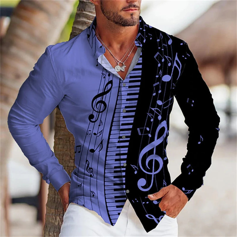 Summer Men's Long Sleeves Shirt with Musical Instrument Symbol Pattern Printed.