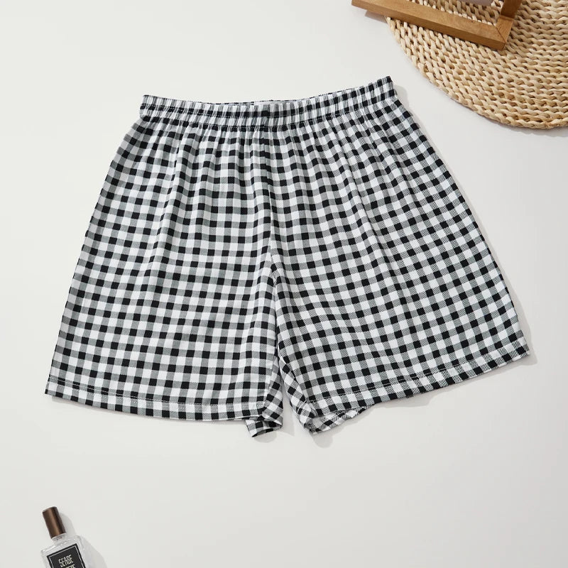 Women's Summer Shorts Floral Checkered Viscose Loose Home Shorts.