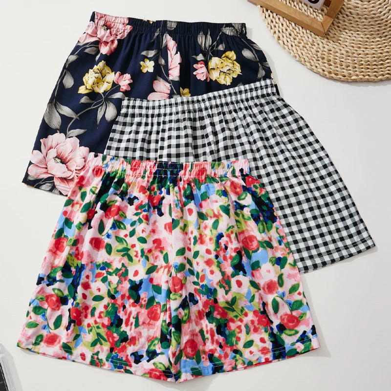 Women's Summer Shorts Floral Checkered Viscose Loose Home Shorts.