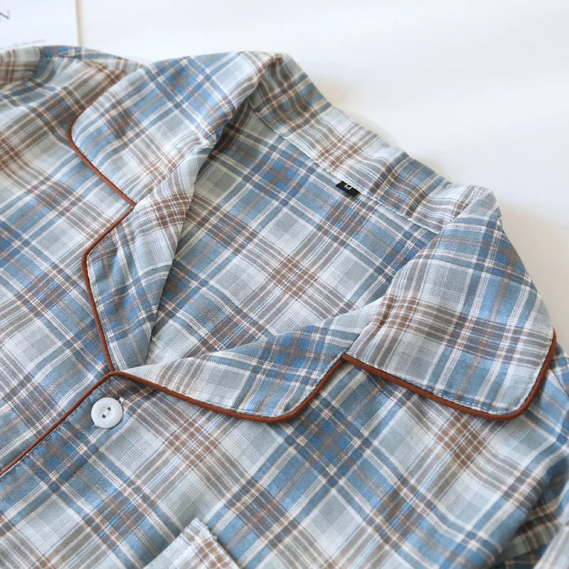 Men's Pajama Set Spring/Summer Checkered Simple Long sleeved Two Piece.