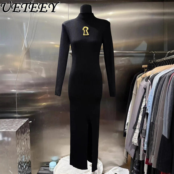 European Women Clothes Long Sleeve Waist-Cinching Knitted Long Dress.