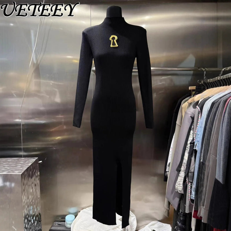 European Women Clothes Long Sleeve Waist-Cinching Knitted Long Dress.