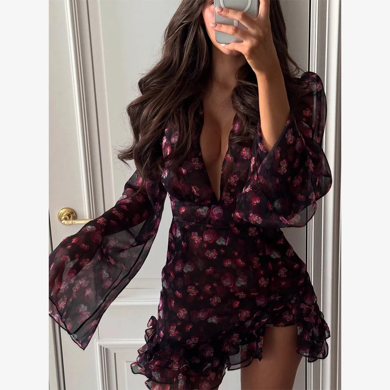 Lady Sexy Flora Painted Ruffle Slim Dress Women Chic.