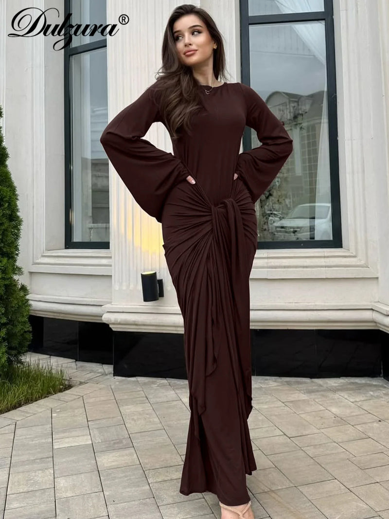 Dulzura Autumn Fashion Elegant O-Neck Long Flare Sleeve Ruched Slim Fit Ribbon.
