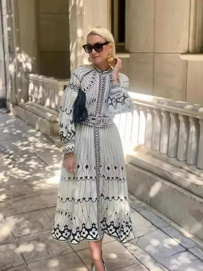 Retro Elegant Stand Collar Long Dress Women Spring Pattern Print.