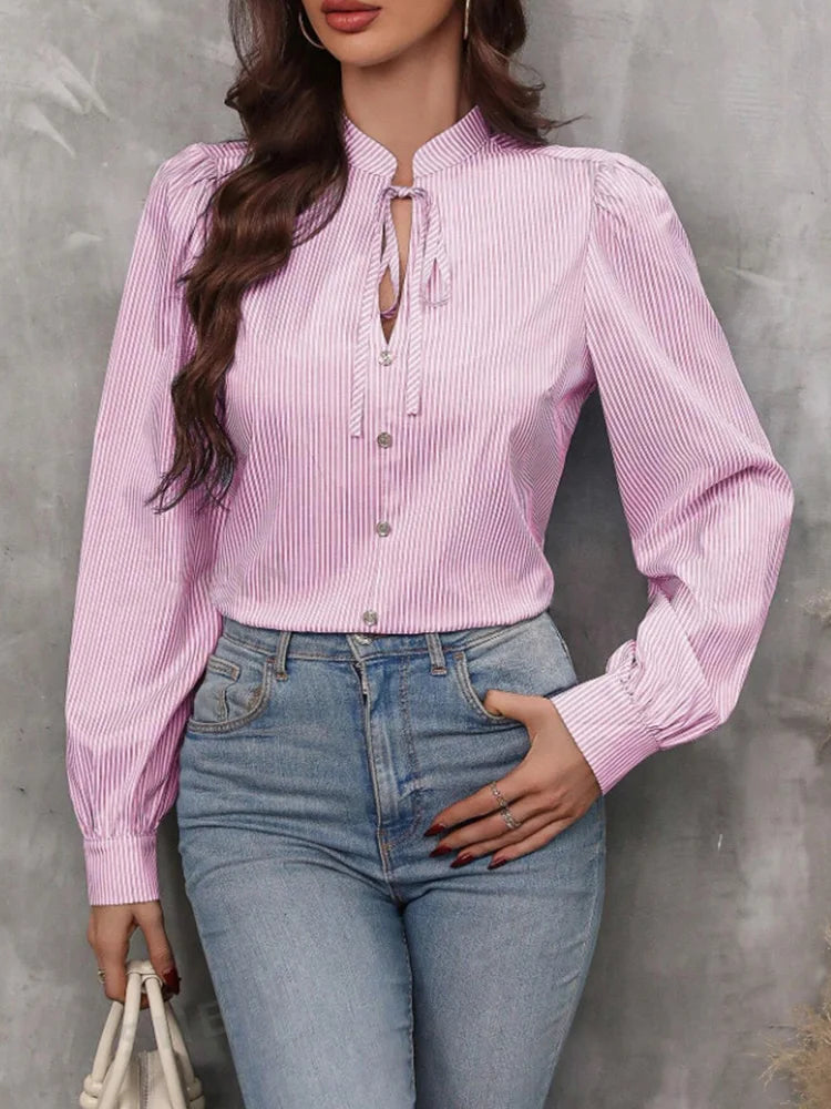 Women V-Neck Button Down Long Sleeve Top Solid Color Striped Shirt.