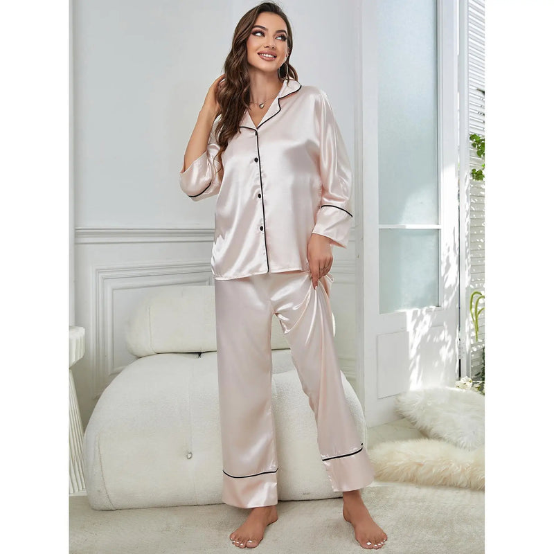 Women's pajamas spring and summer ice silk loose solid color long-sleeved.