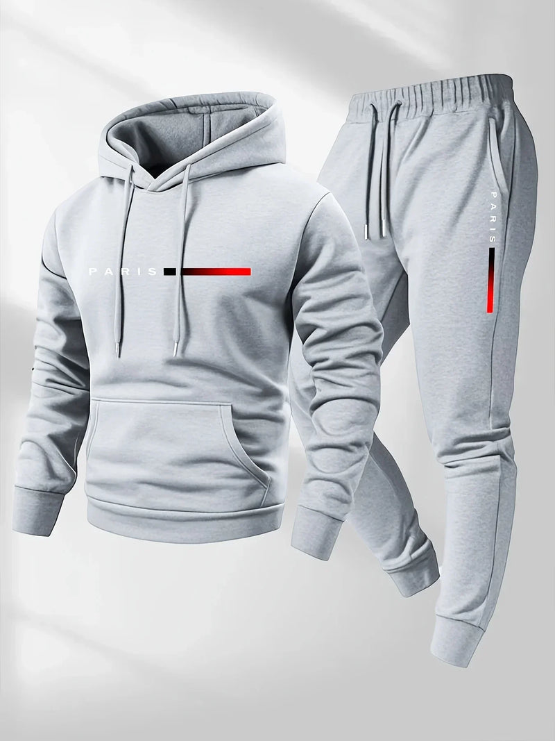 Print Sweatshirt Suit Men's Fleece Hoodie Pants Set Spring Autumn Winter.