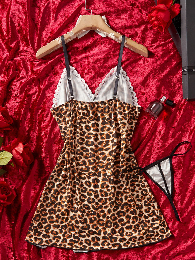 Side Slip Leopard Dress Women Lace Nightwear Sling Sleepdress.