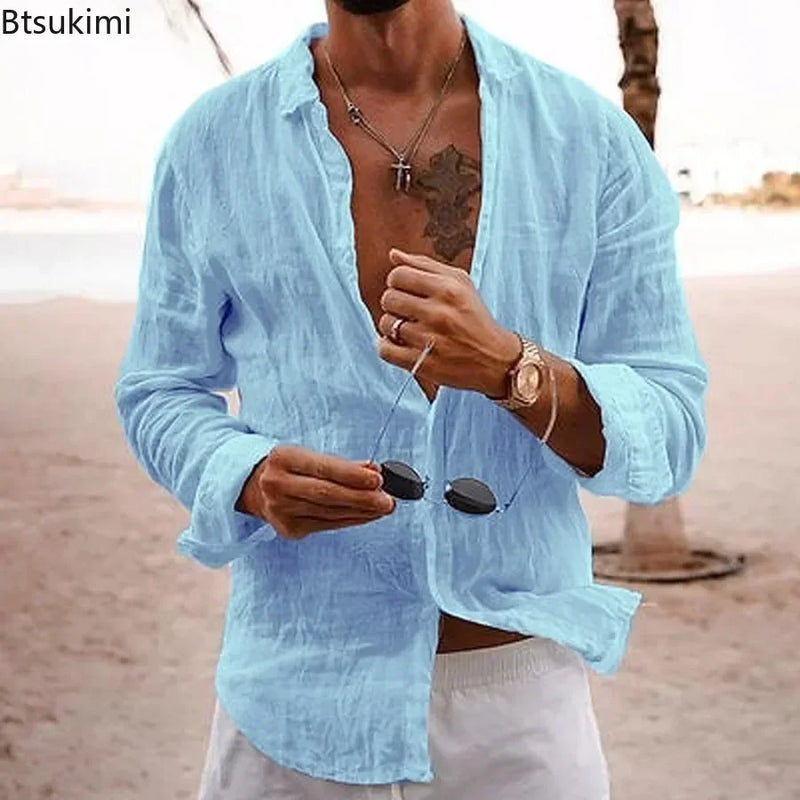 Men's Cotton Linen Shirts Top Simple Laple Solid  Man Shirts Tops Comfortable.