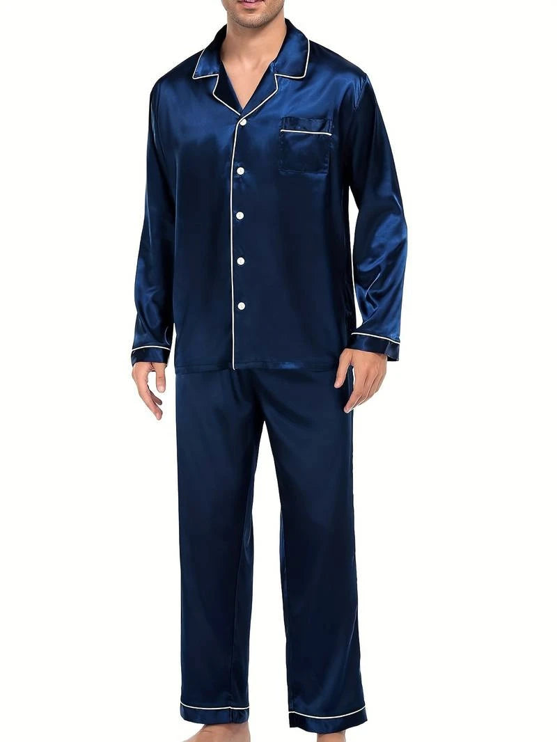 Men's Satin Pajama Set For Men Long Sleeve Button-down Top.
