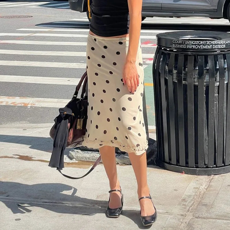 Casual Women Polka Dot Skirts Lettuce Trim Beige Elegant Midi Skirts.