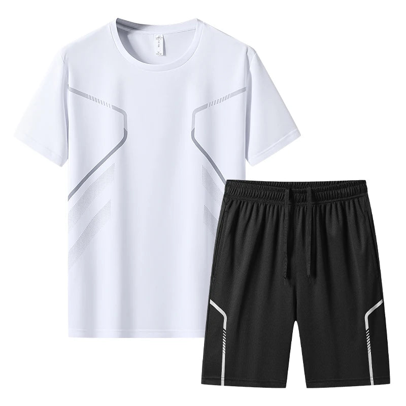 Men's Short Sleeve T-shirts Shorts 2 Piece Sets Summer Outdoor Run Training.