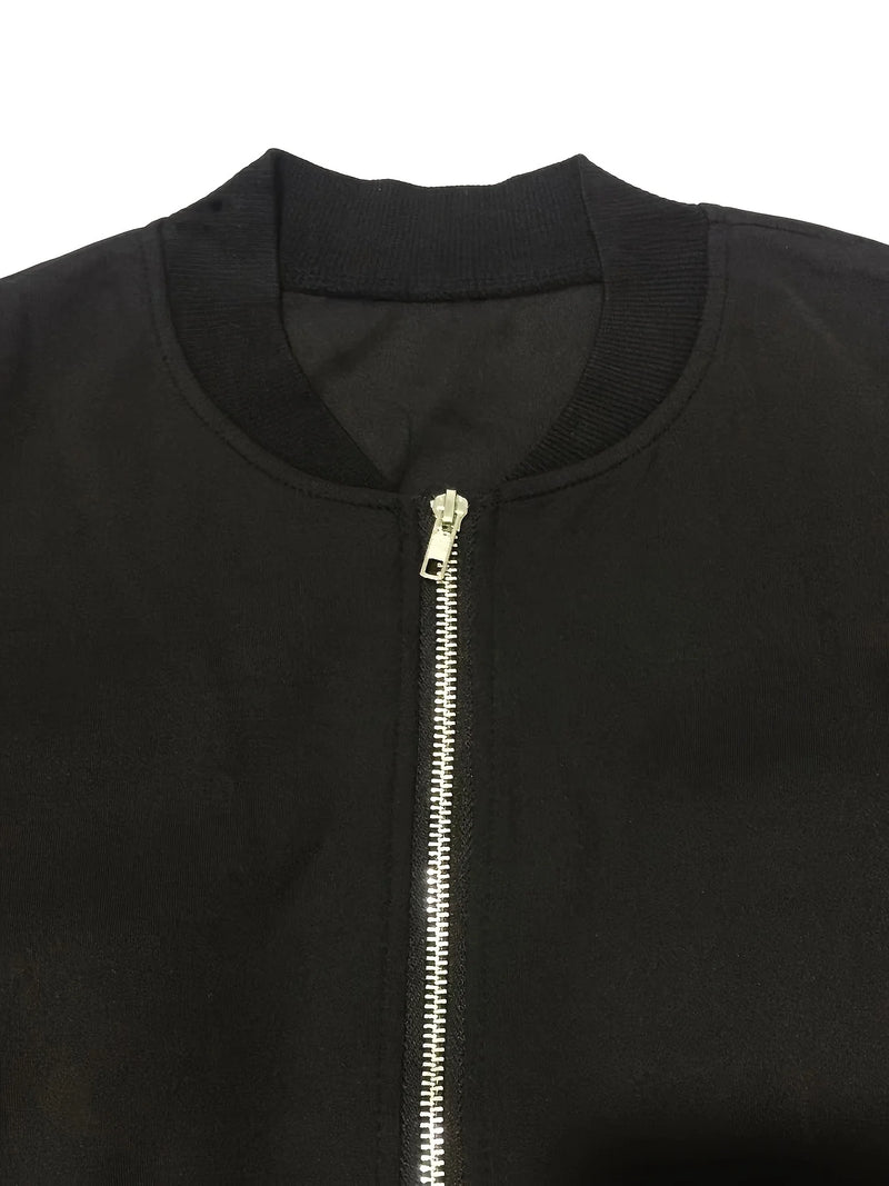 Solid Color Zip Up Jacket, Elegant Long Sleeve Baseball Collar.