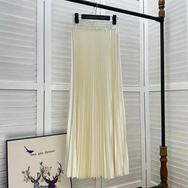 Women's Long Satin Metal Luster Pleated Skirt Half-length Accordion Skirt.