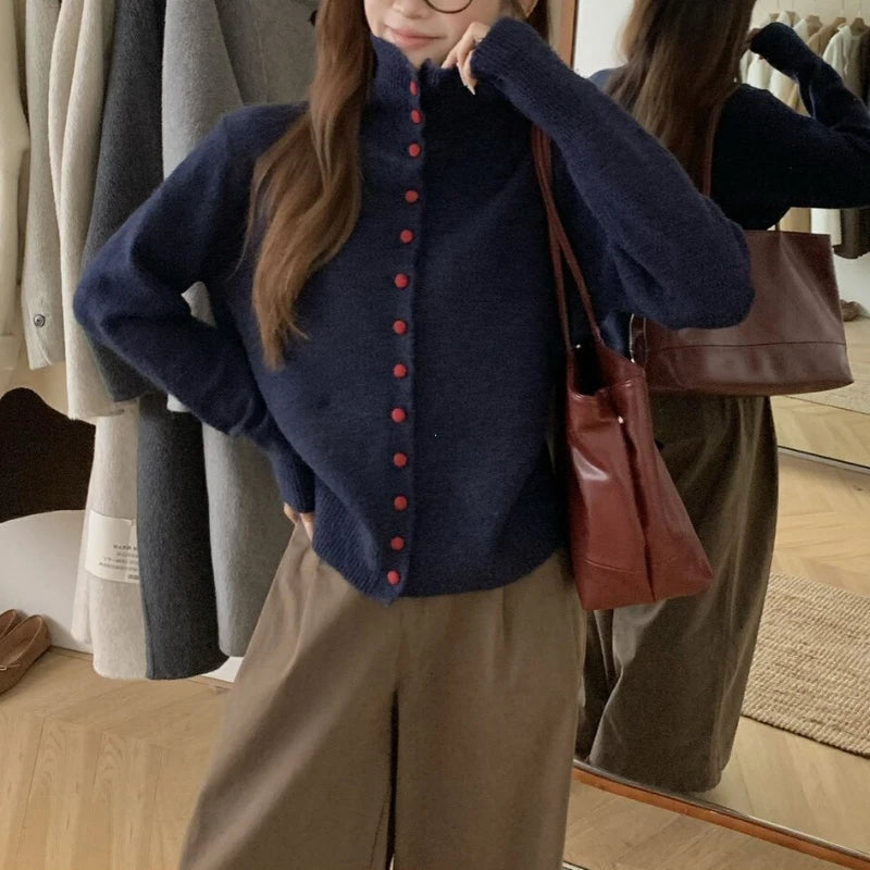 Winter Fashion New Korean Elegant Single Breasted Knitted High Necked.