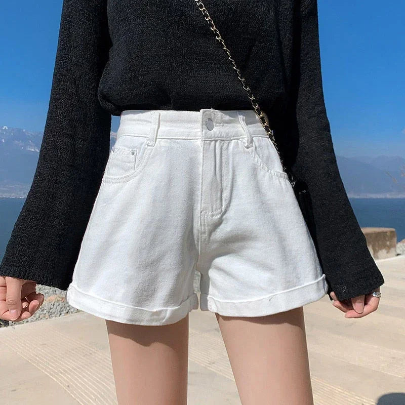 Summer Women Denim Shorts High Waist Blue Cotton Wide-leg Short.