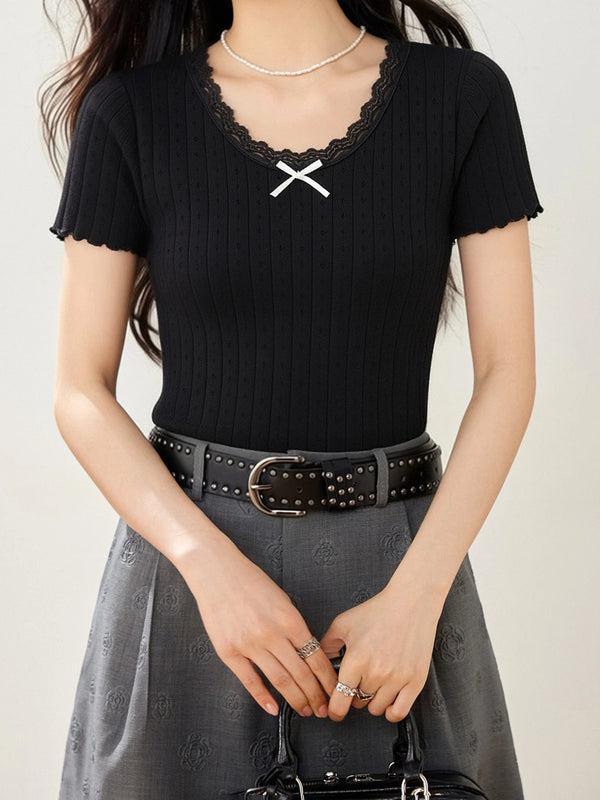 Korean Retro Front-Tie Bowknot Lace Jacquard Short Sleeve T-Shirt.