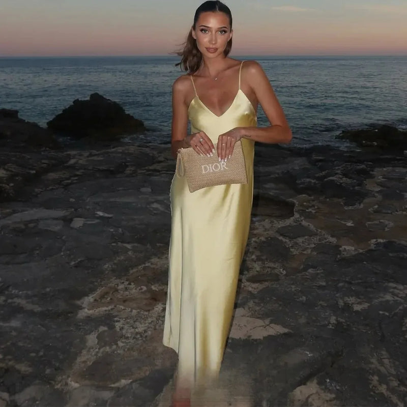 Sexy Chic Satin Women Party Dress V Neck Backless Long Eevning Club Dress.