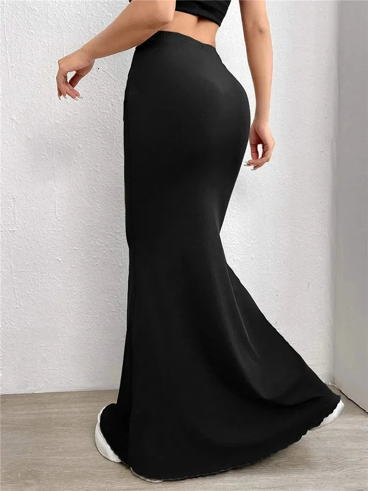 Solid Bodycon Ruched Long Skirt Women Sexy Black Elastic Elegant.