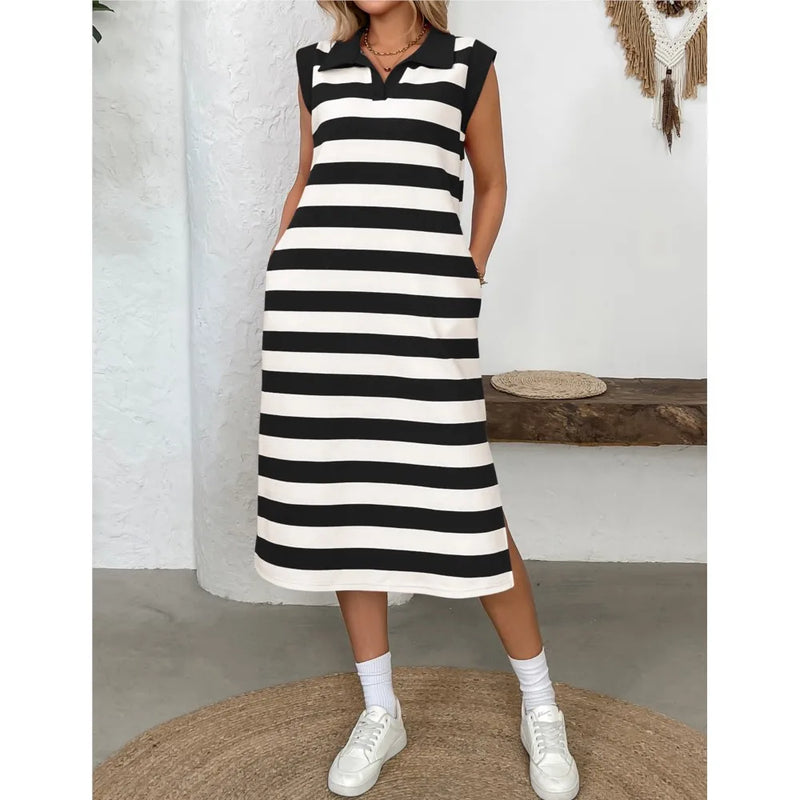 Women's Striped Pocket Lapel Sleeveless Long Dress Fashion.