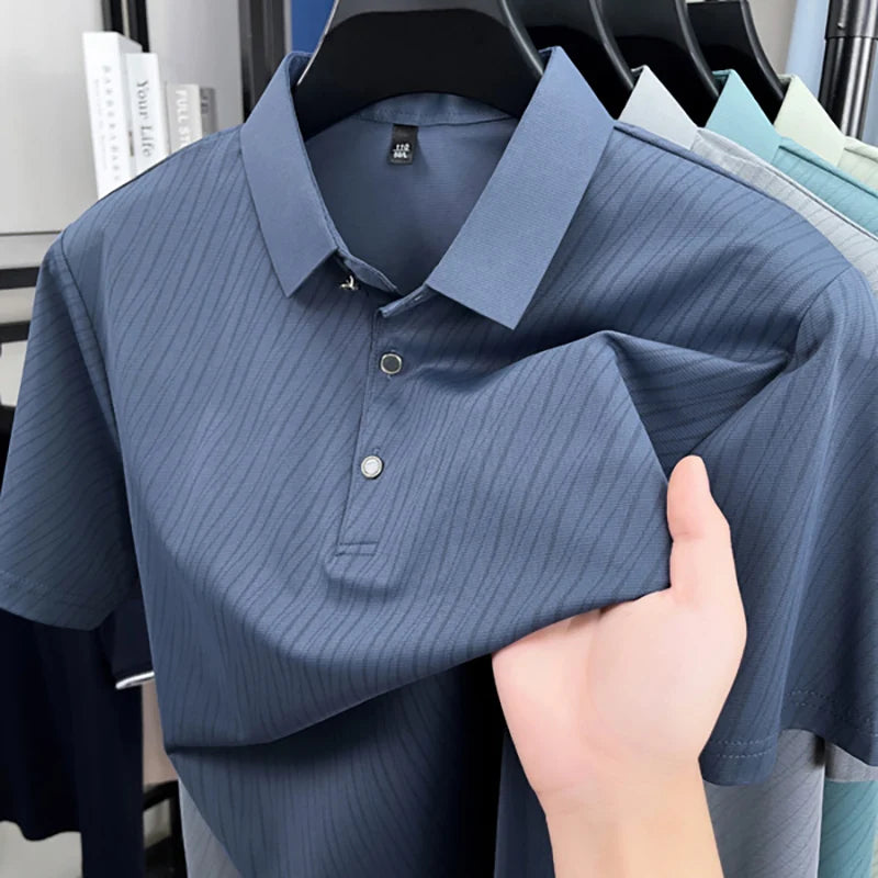 Summer Man Polo Shirts Luxury Short Sleeve Ice Silk Cool Soft.