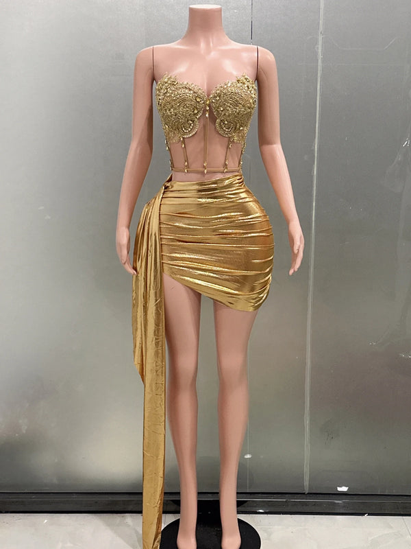 Gold Color Women Sexy 2 Pieces Strapless Bodycon Mini Dress.