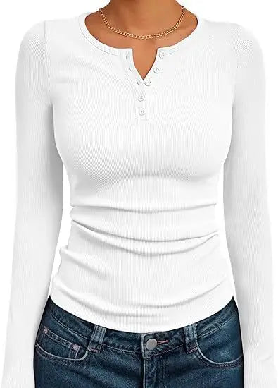 Fashionable Women's Long Sleeve Slim Fit Autumn Henry Collar T-Shirt.