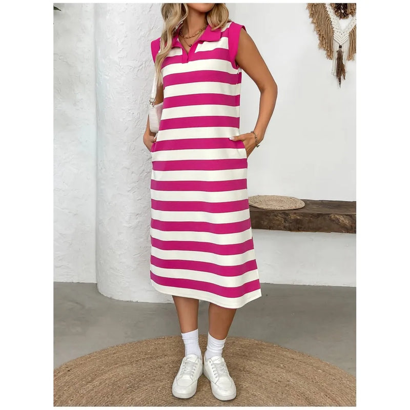 Women's Striped Pocket Lapel Sleeveless Long Dress Fashion.