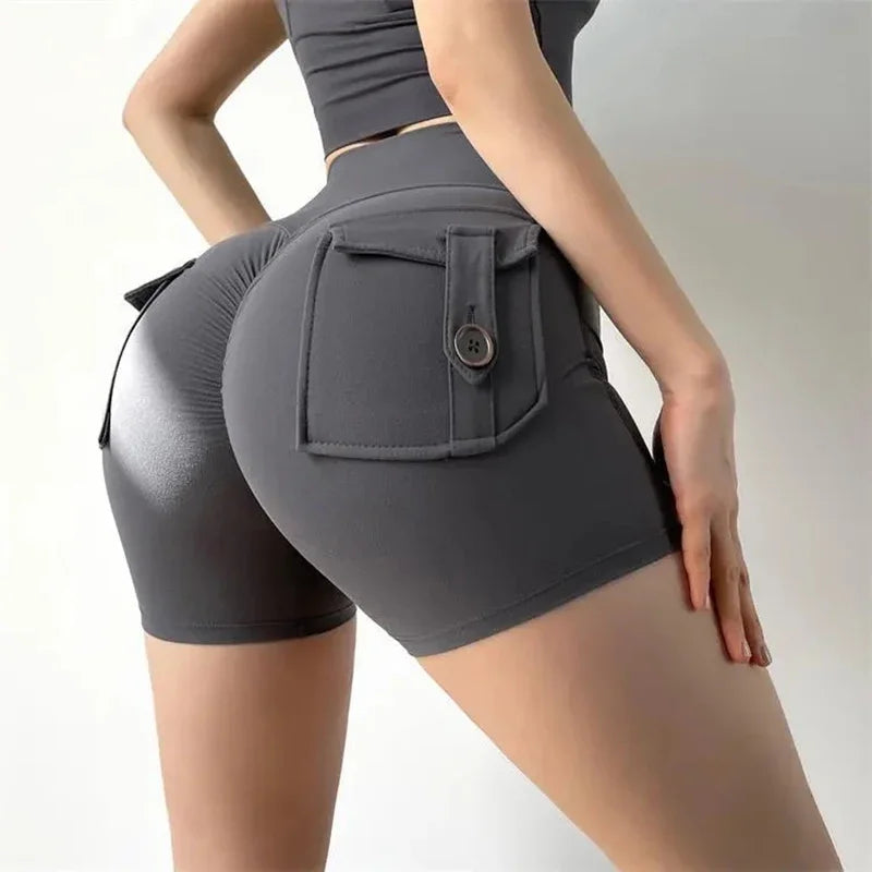 Fitness Exercise Three-Quarter Pants Cargo Air Dry Pocket Yoga Tight lift the hips Women's Shorts.