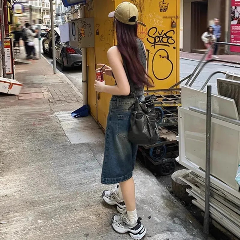 High Waist Wide Leg Thin Denim Shorts Women Summer.
