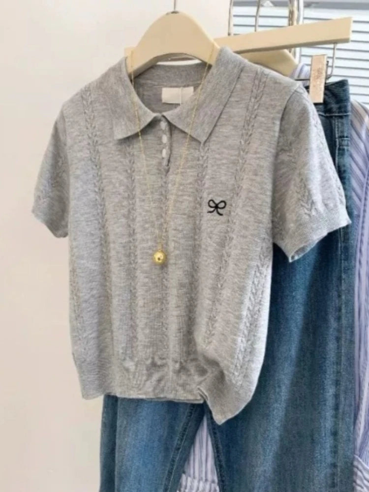 AOSSVIAO Cute Bow Embroidery Short Sleeve Tops Summer Women.