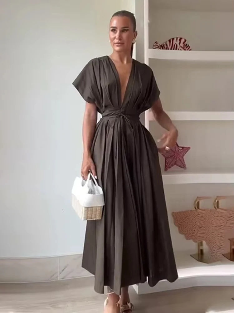 Women's New Fashion V-neck Pleated Down Shoulder Short Sleeve Midi Dress.