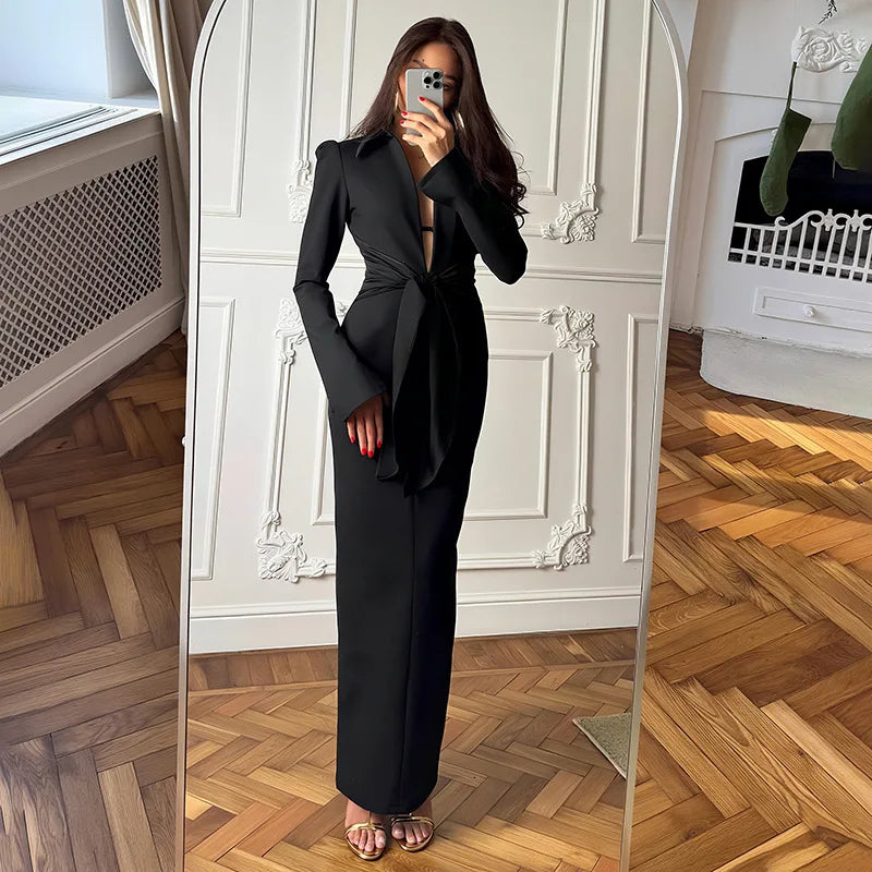 Women’s V Neck Long Sleeve Maxi Dresses Party Slim Commute Long Dress.