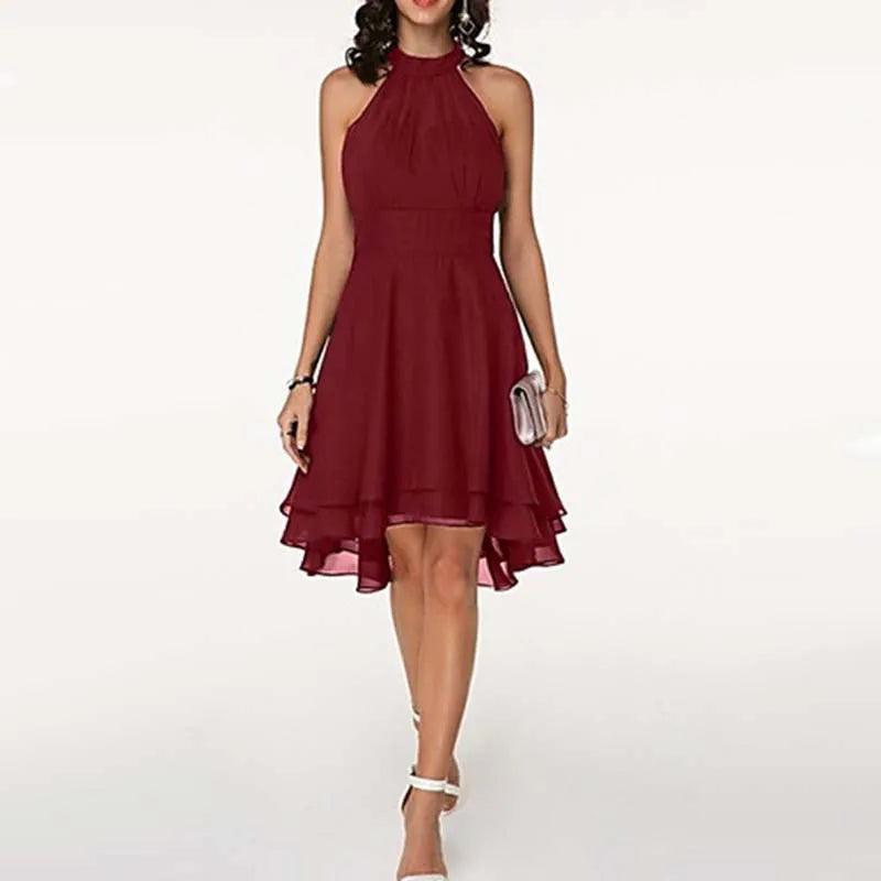 Women’s Elegant Dress Summer Solid High Waist Halter Sleeveless Midi Dresses.