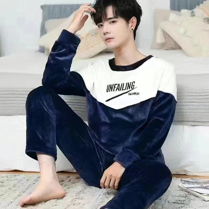 Men's Thermal Pajama Sets Winter Cartoon Classic Striped Home Wear.