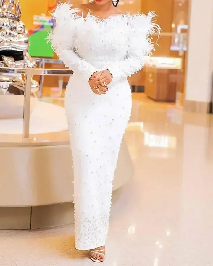 Feather White Dress Party Women Pearls Long Night Dresses.