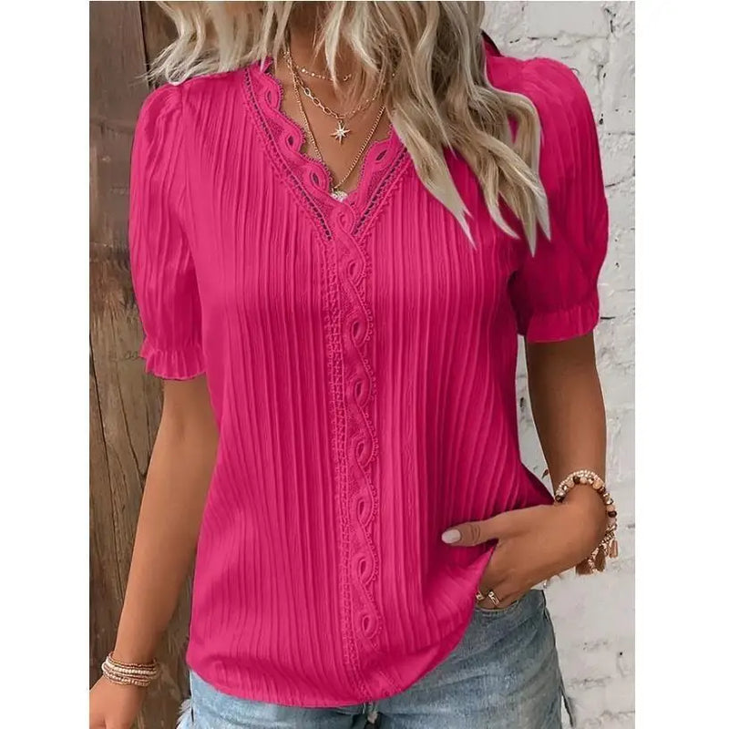 Elegant Women Blouse Shirt V Neck Lace Patchwork Short Sleeve Shirts.