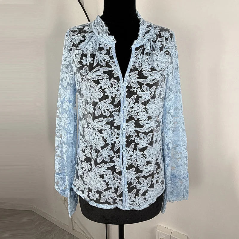 Tossy Sexy Lace Hollow Out Shirts Women Printed Casual See-Through.