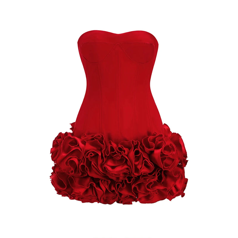 VC Christmas Dress Strapless Backless Red Structured Floral Embellished Mini Length.