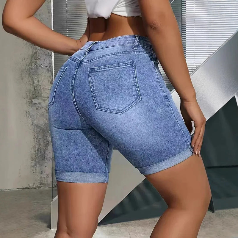 Bleached Jeans Shorts Denim Women Jean High Waist Spliced.