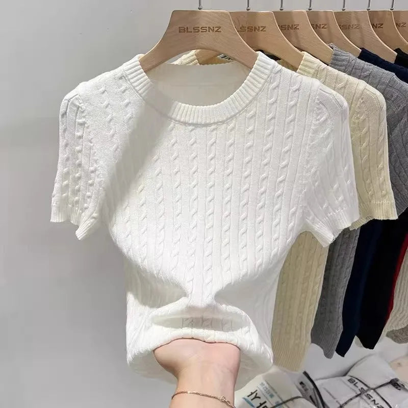 Summer Trendy Solid Color Versatile Tee Apricot O-Neck Women's Short Sleeve.