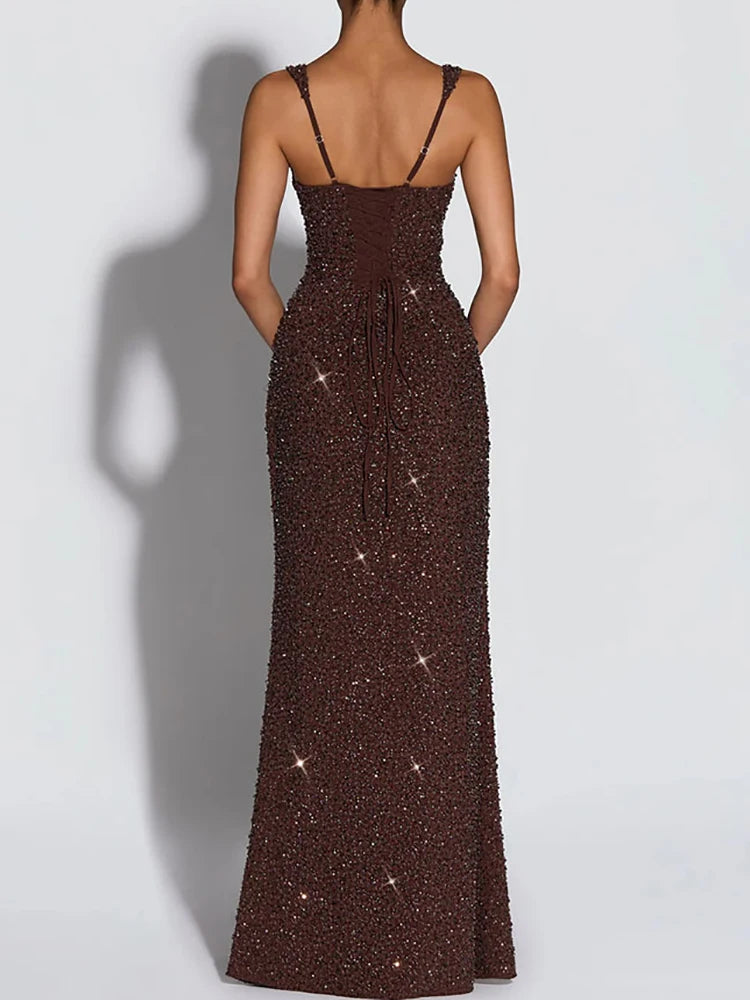 Square Collar Spaghetti Strap Chic Maxi Dress for Women.