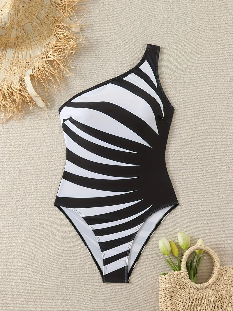 Black White Striped One Piece Swimsuit Women One Shoulder Monokini.