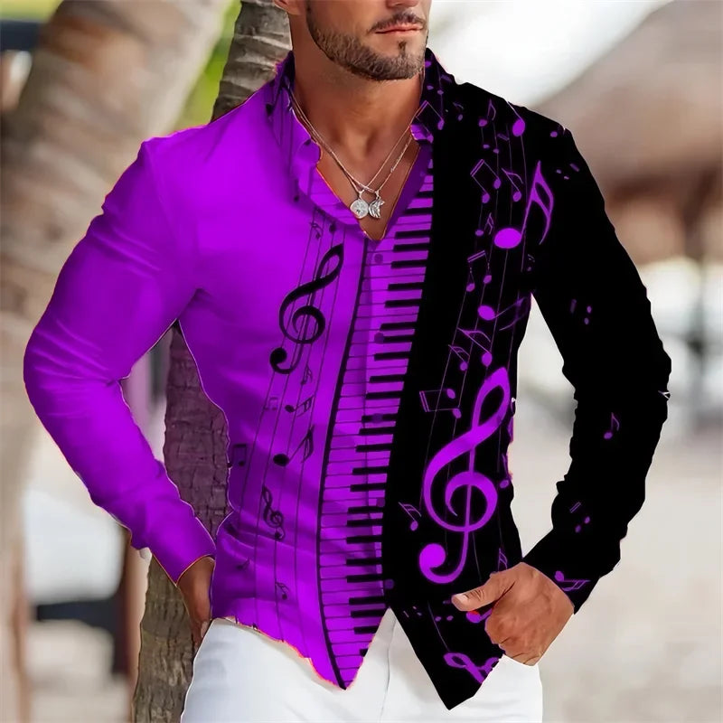 Summer Men's Long Sleeves Shirt with Musical Instrument Symbol Pattern Printed.
